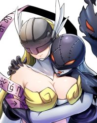 Rule 34 | 2girls, angel, angel and devil, angewomon, bare shoulders, blonde hair, blush, breasts, cleavage, closed mouth, colored skin, commentary request, covered eyes, demon girl, digimoji, digimon, digimon (creature), fang, grey skin, hagoromo, hand on another&#039;s shoulder, hawe king, helmet, ladydevimon, large breasts, long hair, mask, multiple girls, red eyes, shawl, simple background, stitches, tongue, tongue out, upper body, white background, white hair, winged helmet, yuri