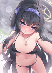 Rule 34 | 1girl, absurdres, bare arms, bare legs, bare shoulders, bikini, black bikini, black hair, blue archive, blush, breasts, collarbone, cowboy shot, hair between eyes, hairband, halo, highres, jewelry, long hair, looking at viewer, navel, official alternate costume, open mouth, pendant, ponytail, purple eyes, purple hairband, small breasts, solo, swimsuit, twitter username, ui (blue archive), ui (swimsuit) (blue archive), yeosi