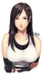 Rule 34 | 1girl, black hair, breasts, earrings, elbow gloves, final fantasy, final fantasy vii, gloves, highres, jewelry, large breasts, long hair, looking at viewer, murata tefu, simple background, solo, square enix, suspenders, tank top, tifa lockhart, white background