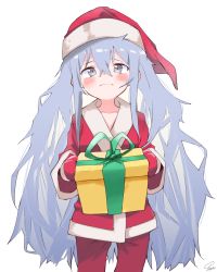 Rule 34 | 1girl, blush, box, closed mouth, commentary, g11 (girls&#039; frontline), gift, gift box, girls&#039; frontline, grey eyes, grey hair, hat, highres, holding, holding gift, jacket, long sleeves, mittens, pants, red hat, red jacket, red mittens, red pants, santa costume, santa hat, signature, simple background, solo, tosyeo, twintails, wavy mouth, white background, wide sleeves