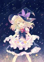 Rule 34 | 1girl, :d, apron, apron basket, apron lift, black skirt, black vest, blonde hair, blush, bow, braid, clothes lift, commentary, cowboy shot, hair ribbon, hat, hat bow, head tilt, kirisame marisa, looking at viewer, open mouth, puffy short sleeves, puffy sleeves, purple bow, red ribbon, ribbon, short sleeves, single braid, skirt, skirt set, smile, solo, standing, star (symbol), starry background, torii sumi, touhou, vest, waist apron, white ribbon, witch hat, yellow eyes