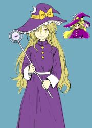 Rule 34 | 1girl, blonde hair, blue background, bow, commentary, crescent, crescent pin, dress, english commentary, hat, hat bow, highres, himuhino, holding, holding staff, kirisame marisa, kirisame marisa (pc-98), long hair, long sleeves, looking at viewer, parted lips, purple dress, purple hat, reference inset, simple background, smile, solo, staff, touhou, touhou (pc-98), witch hat, yellow bow