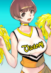 Rule 34 | 1girl, breasts, brown eyes, brown hair, cheerleader, clothes writing, crop top, dytm, gradient background, highres, large breasts, looking at viewer, midriff, miniskirt, navel, open mouth, original, pleated skirt, pom pom (cheerleading), shirt, skirt, sleeveless, sleeveless shirt, solo
