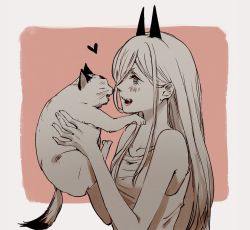 Rule 34 | 1girl, animal, bad id, bad twitter id, blush, cat, chainsaw man, champi, closed eyes, grey hair, grey tank top, hair between eyes, heart, holding, holding animal, holding cat, horns, long hair, looking at another, meowy (chainsaw man), monochrome, open mouth, power (chainsaw man), sharp teeth, sidelocks, simple background, spot color, tank top, teeth, white background, white cat