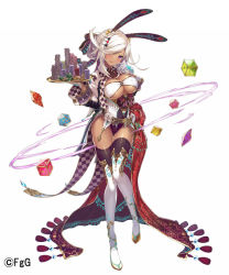 Rule 34 | 1girl, aisha (dare ga tame no alchemist), animal ears, belt, boots, breasts, dare ga tame no alchemist, dark-skinned female, dark skin, dice, gloves, hair ribbon, holding, holding tray, large breasts, looking at viewer, official art, open clothes, purple eyes, rabbit ears, ribbon, smile, solo, thigh boots, thighhighs, tray, white gloves, white hair