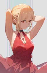 Rule 34 | 1girl, armpits, bare arms, bare shoulders, black collar, blonde hair, closed mouth, collar, commentary, dress, evening gown, highres, jewelry, lettereast, lycoris recoil, necklace, nishikigi chisato, red dress, red eyes, short hair, sleeveless, sleeveless dress, solo, upper body