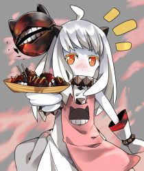 Rule 34 | 10s, 1girl, abyssal ship, ahoge, apron, bad id, bad pixiv id, blush, food, highres, kantai collection, long hair, looking at viewer, mittens, monster, northern ocean princess, pale skin, red eyes, solo, takoyaki, tantan men (dragon), toothpick, white hair