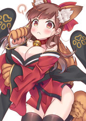 Rule 34 | 1girl, alternate costume, animal ears, bell, black thighhighs, breasts, brown eyes, brown hair, cleavage, collar, cosplay, fate/grand order, fate (series), fox ears, japanese clothes, jingle bell, kantai collection, kimono, ko yu, large breasts, long hair, long sleeves, neck bell, obi, ooi (kancolle), pout, sash, simple background, solo, tail, tamamo (fate), tamamo cat (fate), tamamo cat (fate) (cosplay), tamamo cat (first ascension) (fate), tamamo no mae (fate/extra), thighhighs, white background