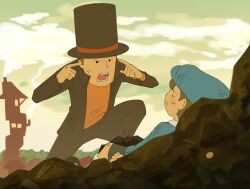 Rule 34 | 2boys, barley juice, black headwear, black jacket, black pants, blue headwear, blue shirt, cabbie hat, closed eyes, cloud, commentary, day, english commentary, full body, green sky, hat, hershel layton, highres, invincible (series), jacket, looking at another, luke triton, meme, multiple boys, open clothes, open jacket, open mouth, orange shirt, outdoors, pants, professor layton, ruins, shirt, smoke, teeth, think mark think! (meme), top hat