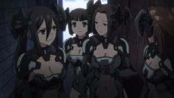 Rule 34 | 4girls, black eyes, black hair, bodysuit, breasts, cleavage, cleavage cutout, clenched teeth, clothing cutout, date a live, female focus, hair between eyes, headgear, kusakabe ryouko (date a live), long hair, looking at another, mecha musume, medium breasts, multiple girls, parted lips, ponytail, revealing clothes, serious, teeth