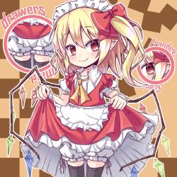 Rule 34 | 1girl, adapted costume, alternate costume, apron, black thighhighs, blonde hair, bloomers, clothes lift, crystal, dress, dress lift, enmaided, eyebrows, fang, fang out, flandre scarlet, frilled dress, frills, hair between eyes, looking at viewer, maid, maid apron, musao, pointy ears, red dress, short hair, side ponytail, smile, solo, thighhighs, touhou, underwear, waist apron