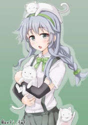 Rule 34 | 10s, 1girl, animal, animal on head, anti (untea9), arm warmers, batsubyou, braid, cat, cat on head, hairband, highres, kantai collection, long hair, looking at viewer, on head, pleated skirt, school uniform, silver hair, skirt, smile, solo, suspenders, twitter username, yamagumo (kancolle)