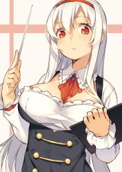 Rule 34 | 1girl, anna (sennen sensou aigis), bad id, bad pixiv id, breasts, cleavage, hairband, highres, katou itsuwa, large breasts, long hair, looking at viewer, parted lips, red eyes, sennen sensou aigis, solo, standing, white hair