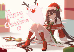 Rule 34 | 1girl, antlers, ass, ayayayume, bell, boots, brown hair, christmas, flat chest, genshin impact, ghost, gift, hat, highres, horns, hu tao (genshin impact), long hair, looking away, merry christmas, red eyes, reindeer antlers, ribbon, santa costume, santa hat, shorts, sitting, smile, solo, symbol-shaped pupils, thighs, twintails