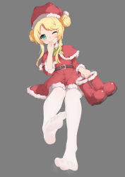 Rule 34 | 1girl, absurdres, blonde hair, boots, chashuwu, christmas, dress, feet, fur-trimmed dress, fur-trimmed headwear, fur trim, green eyes, grey background, hand to own mouth, hat, highres, himesaka noa, looking at viewer, no shoes, one eye closed, pantyhose, santa costume, santa hat, simple background, socks, soles, solo, steaming body, thighhighs, toes, unworn boots, watashi ni tenshi ga maiorita!, white pantyhose