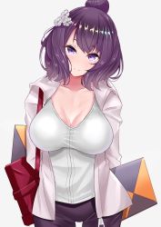 Rule 34 | 1girl, alternate hairstyle, bag, breasts, casual, cleavage, collarbone, contemporary, fate/grand order, fate (series), flower, hair between eyes, hair bun, hair flower, hair ornament, highres, hood, hoodie, jacket, katsushika hokusai (fate), katsushika hokusai (traveling outfit) (fate), large breasts, looking at viewer, official alternate costume, open clothes, open jacket, purple eyes, purple hair, sankakusui, shirt, shoulder bag, simple background, single hair bun, smile, solo, white background, white jacket, white shirt