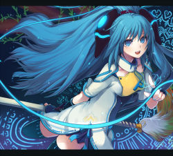 Rule 34 | 1girl, aki (mare desiderii), blue eyes, blue hair, blue nails, fingerless gloves, gloves, hair ornament, letterboxed, long hair, looking at viewer, matching hair/eyes, nail polish, pixiv, pixiv-tan, smile, solo, thighhighs, wading, zettai ryouiki