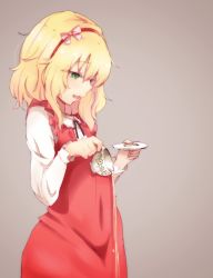 Rule 34 | 1girl, blonde hair, bow, commentary request, cup, dress, dress shirt, green eyes, grey background, hairband, highres, hip focus, idolmaster, idolmaster cinderella girls, open mouth, pouring, red dress, red hairband, ryuu., sakurai momoka, saucer, shirt, short hair, simple background, smile, solo, tea, teacup, wavy hair