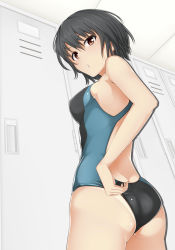 Rule 34 | 1girl, adjusting clothes, adjusting swimsuit, amagami, ass, black hair, black one-piece swimsuit, blue one-piece swimsuit, blush, breasts, brown eyes, competition swimsuit, covered erect nipples, from side, hair between eyes, kishida-shiki, nanasaki ai, one-piece swimsuit, open mouth, school swimsuit, short hair, solo, standing, swimsuit, tan, tanline