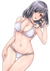 Rule 34 | 1girl, absurdres, aga marino, bad id, bad pixiv id, bikini, black hair, breasts, cleavage, collarbone, commentary request, gluteal fold, groin, highres, kantai collection, large breasts, looking at viewer, navel, open mouth, short hair, simple background, solo, standing, swimsuit, thigh gap, white background, white bikini, yamashiro (kancolle)