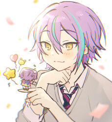Rule 34 | 1boy, balloon, blue hair, cardigan, character doll, closed mouth, collared shirt, commentary request, confetti, diagonal-striped clothes, diagonal-striped necktie, grey cardigan, hair between eyes, heart, heart balloon, index finger raised, kamishiro rui, kamiyama high school uniform (project sekai), long sleeves, male focus, multicolored hair, necktie, pjmiyo, project sekai, purple hair, school uniform, shirt, short hair, sleeves past elbows, solo, star (symbol), star balloon, streaked hair, striped clothes, striped necktie, yellow eyes