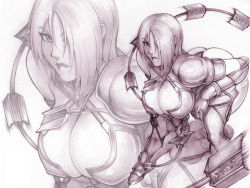 Rule 34 | 1girl, armor, artist logo, ass, bent over, breasts, bursting breasts, cleavage, curvy, gloves, gold trim, hanging breasts, high heels, huge ass, huge breasts, isabella valentine, leotard, living weapon, monochrome, reiq, revealing clothes, shoes, simple background, sketch, solo, soul calibur, soulcalibur, soulcalibur iv, sword, thick thighs, thighhighs, thighs, thong, thong leotard, transforming weapon, weapon, whip, whip sword, white background, wide hips, zoom layer