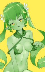 Rule 34 | 1girl, :d, alraune, breasts, bright pupils, colored sclera, colored skin, flower, green hair, green sclera, green skin, hair flower, hair ornament, head tilt, long hair, looking at viewer, medium breasts, monster girl, navel, nijitama shiyushiyu, nipples, open mouth, orange eyes, original, plant girl, pointy ears, simple background, sitting, smile, solo, twintails, upper body, yellow background