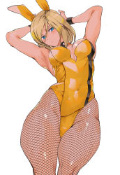 Rule 34 | 1girl, adapted costume, alternate hair length, alternate hairstyle, animal ears, armpits, arms behind head, ashiomi masato, blonde hair, blue eyes, breasts, cleavage, cowboy shot, detached collar, fake animal ears, fishnets, guilty gear, guilty gear xrd, leotard, millia rage, pantyhose, playboy bunny, rabbit ears, simple background, solo, white background, wrist cuffs