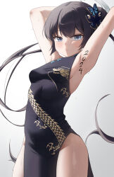 Rule 34 | 1girl, 2024, absurdres, armpits, arms behind head, black dress, black hair, blue archive, body writing, breasts, butterfly hair ornament, china dress, chinese clothes, closed mouth, cowboy shot, dress, grey eyes, hair bun, hair ornament, halo, highres, kisaki (blue archive), long hair, looking at viewer, pelvic curtain, poko (poko), side slit, sideboob, small breasts, thighs