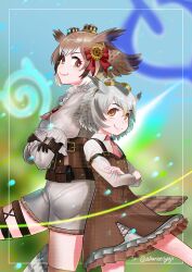 Rule 34 | 2girls, absurdres, aburaeoyaji, back-to-back, bird girl, bird tail, bird wings, blonde hair, blouse, blurry, blurry background, bow, brown eyes, brown hair, corset, cowboy shot, crossed arms, dress, eurasian eagle owl (kemono friends), eyelashes, frilled dress, frilled shirt collar, frills, gloves, goggles, goggles on head, grey hair, hair between eyes, hair bow, head wings, height difference, highres, kemono friends, layered sleeves, lips, long sleeves, looking at another, looking down, looking up, medium hair, multicolored hair, multiple girls, northern white-faced owl (kemono friends), official alternate costume, owl ears, shirt, short dress, shorts, smile, tail, twitter username, wing collar, wings
