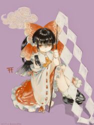 Rule 34 | 1girl, 2023, :o, ascot, black footwear, black hair, bobby socks, bow, canariadraw, commentary request, dated, detached sleeves, frilled hair tubes, frilled skirt, frills, gohei, hair between eyes, hair bow, hair tubes, hakurei reimu, half-closed eyes, highres, holding, holding stick, long hair, long sleeves, no nose, open mouth, orange eyes, purple background, red bow, red ribbon, red skirt, ribbon, ribbon-trimmed skirt, ribbon-trimmed sleeves, ribbon trim, shadow, simple background, sitting, skirt, sleeve ribbon, socks, solo, stick, torii, touhou, twitter username, white sleeves, white socks, wide sleeves, yellow ascot