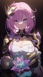Rule 34 | 1girl, absurdres, asymmetrical clothes, asymmetrical sleeves, black gloves, blood, blood stain, blue eyes, blush, breasts, cleavage, crystal, elysia (honkai impact), elysia (miss pink elf) (honkai impact), eyebrows hidden by hair, gloves, hair between eyes, hair ornament, hair over one eye, highres, honkai (series), honkai impact 3rd, incoming gift, large breasts, looking at viewer, open mouth, parted lips, pink hair, pointy ears, short hair, smile, solo, sylvia (huajiuhuajiu), upper body