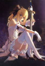 Rule 34 | 1girl, achyue, ahoge, artoria pendragon (all), artoria pendragon (fate), blonde hair, bow, caliburn (fate), detached sleeves, dress, fate/stay night, fate/unlimited codes, fate (series), flower, frills, gloves, green eyes, hair bow, hand on hilt, high heels, long hair, looking at viewer, night, planted, planted sword, planted weapon, ponytail, revision, saber (fate), saber lily, sitting, solo, star (sky), sword, thighhighs, type-moon, weapon, white gloves, white thighhighs
