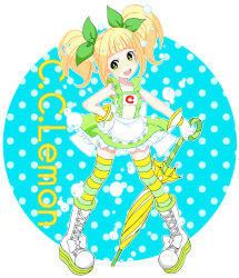 Rule 34 | 1girl, apron, ayuyu (baby), blunt bangs, boots, bow, bright pupils, bubble, c.c. lemon, c.c. lemon (character), character name, closed umbrella, clothing cutout, dress, footwear bow, frilled skirt, frills, full body, gloves, green dress, green eyes, green ribbon, hair ribbon, highres, holding, holding umbrella, navel, open mouth, ribbon, skirt, solo, stomach cutout, striped clothes, striped thighhighs, teeth, thighhighs, twintails, umbrella, upper teeth only, waist apron, white apron, white footwear, white gloves, white pupils