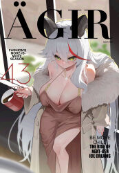 1girl absurdres aegir_(azur_lane) aegir_(one-on-one_leisure_time)_(azur_lane) akiak1 azur_lane backward_facing_horns bare_shoulders black_horns breasts brown_dress character_name cleavage coat coffee_mug collarbone cover cup dress english_text evening_gown fake_magazine_cover feet_out_of_frame fur-trimmed_coat fur_trim hair_between_eyes highres holding holding_cup horns huge_breasts long_hair long_sleeves looking_at_viewer magazine_cover mug multicolored_hair official_alternate_costume open_clothes open_coat plunging_neckline solo streaked_hair very_long_hair white_hair window yellow_eyes