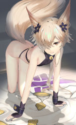 Rule 34 | 1boy, all fours, animal ears, ass, backless outfit, bell, blonde hair, bottomless, bridal gauntlets, brown eyes, erune, fox boy, fox ears, fox tail, granblue fantasy, hair bell, hair ornament, hair over one eye, highres, kou (granblue fantasy), large tail, looking at viewer, male focus, nail polish, naruse hirofumi, short hair, smile, solo, tail, thighs