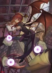 Rule 34 | 1girl, artist name, back cutout, bat wings, belt, black pantyhose, black wings, book, bookshelf, breasts, checkered floor, clothing cutout, danmaku, demon wings, floating, from above, full body, head wings, hexagram, highres, holding, holding book, impossible clothes, indoors, koakuma, large breasts, large wings, library, long hair, long sleeves, looking at viewer, looking back, magic, magic circle, open book, pantyhose, puffy long sleeves, puffy sleeves, recare, red eyes, red hair, sheath, sheathed, signature, skirt, skirt set, solo, stairs, sword, thighband pantyhose, touhou, vest, wavy hair, weapon, window, wings