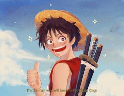 Rule 34 | 1boy, back, black hair, cloud, commentary, english commentary, hat, looking at viewer, male focus, monkey d. luffy, one piece, red shirt, scar, scar on face, shirt, short hair, sky, sleeveless, sleeveless shirt, smile, smolkeii, solo, star (symbol), straw hat, sword, upper body, weapon, weapon on back