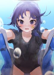 Rule 34 | black buruma, black shirt, blue archive, blue jacket, blush, buruma, collarbone, commentary request, facial mark, heavy breathing, highres, jacket, long hair, looking at viewer, nishi yasuaki, off shoulder, open clothes, open jacket, open mouth, parted bangs, ponytail, purple eyes, purple hair, shirt, short sleeves, star (symbol), very long hair, wavy mouth, yuuka (blue archive), yuuka (track) (blue archive)