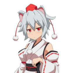 Rule 34 | 1girl, animal ears, bare shoulders, cato (monocatienus), detached sleeves, eyebrows, frown, grey hair, hat, inubashiri momiji, kourindou tengu costume, looking at viewer, pom pom (clothes), red eyes, ribbon-trimmed sleeves, ribbon trim, short hair, simple background, solo, tokin hat, touhou, upper body, white background, wolf ears