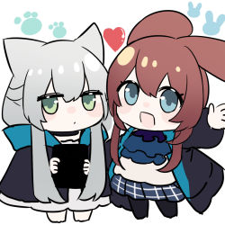 Rule 34 | 2girls, :d, amiya (arknights), animal ears, arknights, ascot, barefoot, black jacket, black legwear, blue ascot, blue eyes, blue skirt, book, brown hair, cat ears, chibi, commentary request, expressionless, green eyes, grey hair, heart, holding, holding book, jacket, jitome, long hair, looking at viewer, multiple girls, nicole (lion), open clothes, open jacket, open mouth, paw print, plaid, plaid skirt, rabbit ears, rosmontis (arknights), sidelocks, skirt, smile, waving