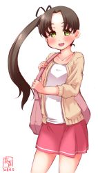 Rule 34 | 1girl, alternate costume, artist logo, ayanami (kancolle), bag, black ribbon, blouse, blush, brown hair, casual, collarbone, dated, green eyes, highres, kanon (kurogane knights), kantai collection, long hair, long sleeves, looking at viewer, open mouth, pink bag, ponytail, red skirt, ribbon, shirt, side ponytail, signature, simple background, skirt, smile, solo, sweater, white background, white shirt