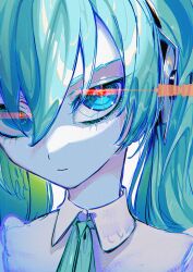 Rule 34 | 1girl, absurdres, android, aqua eyes, aqua hair, aqua ribbon, artificial eye, audio visualizer, closed mouth, collared shirt, colored skin, commentary request, expressionless, glowing, glowing eyes, gradient hair, green hair, hair between eyes, hair over one eye, hatsune miku, hatsune miku (nt), head tilt, headphones, highres, lens flare, long hair, looking at viewer, mechanical eye, multicolored hair, neck ribbon, piapro, portrait, ribbon, roitz ( roitz ), sanpaku, shirt, simple background, solo, twintails, vocaloid, white background, white shirt, white skin