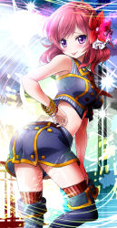 Rule 34 | 10s, 1girl, :p, bare shoulders, bracelet, flower, from behind, hair flower, hair ornament, hand on own hip, hand on thigh, jewelry, kneehighs, looking at viewer, looking back, love live!, love live! school idol festival, love live! school idol project, midriff, miniskirt, nishikino maki, purple eyes, red hair, skirt, socks, solo, striped clothes, striped socks, tongue, tongue out, tyone, vertical-striped clothes, vertical-striped socks