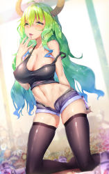 Rule 34 | 10s, 1girl, absurdres, aqua hair, areola slip, black thighhighs, blonde hair, blush, breasts, cleavage, covered erect nipples, dk.senie, dragon horns, drooling, gradient hair, green hair, heterochromia, highres, horns, kneeling, kobayashi-san chi no maidragon, large breasts, licking, licking finger, long hair, lucoa (maidragon), md5 mismatch, multicolored hair, navel, no headwear, no headwear, no shoes, open fly, short shorts, shorts, solo, strap slip, tank top, thighhighs, thighs, tongue, tongue out, unbuttoned