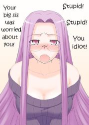 Rule 34 | 1girl, blush, breasts, cleavage, fang, fate/stay night, fate (series), glasses, hard-translated, medusa (fate), medusa (rider) (fate), purple eyes, purple hair, siseru samurai, solo, square pupils, tears, third-party edit, translated