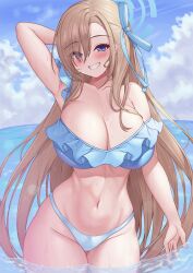 Rule 34 | 1girl, armpits, asuna (blue archive), bare legs, bare shoulders, bikini, blue archive, blue bikini, blue eyes, blue halo, blue ribbon, blush, breasts, cleavage, cowboy shot, grin, groin, hair ribbon, halo, highres, large breasts, light brown hair, long hair, looking at viewer, mole, mole on breast, navel, pcreambang, ribbon, smile, solo, swimsuit, wet
