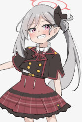Rule 34 | 1girl, black flower, black jacket, blue archive, blush, brown skirt, commentary request, cropped jacket, flower, grey background, grey hair, grin, hair flower, hair ornament, halo, highres, jacket, kapuru 0410, long hair, looking at viewer, mutsuki (blue archive), outstretched arm, purple eyes, shirt, short sleeves, side ponytail, simple background, skirt, smile, solo, standing, very long hair, white shirt