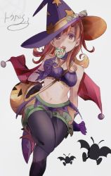 Rule 34 | 1girl, alena (dq4), alternate legwear, blush, breasts, cape, cleavage, commentary request, curly hair, dragon quest, dragon quest iv, gloves, halloween, hat, highres, long hair, looking at viewer, open mouth, orange hair, pantyhose, simple background, solo, tokuhonnti ru