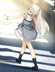 Rule 34 | 1girl, annin musou, bad id, bad twitter id, black footwear, blush, boots, brown eyes, conte di cavour (kancolle), conte di cavour nuovo (kancolle), dress, gloves, grey dress, high heel boots, high heels, kantai collection, layered dress, long hair, short sleeves, silver hair, solo, two-tone dress, two side up, white dress, white gloves